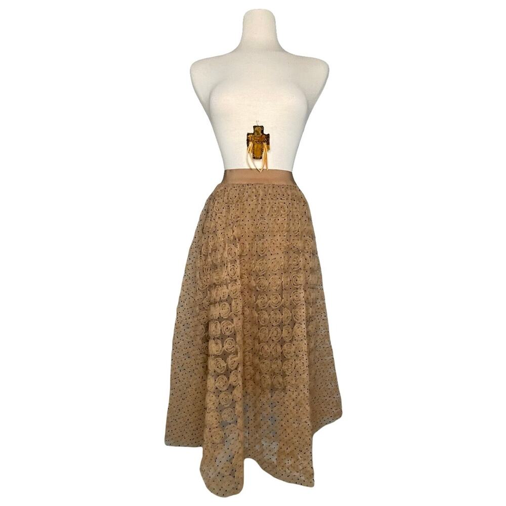 Whimsical Chicwish Rosette Mesh Midi Skirt Tan with Polka Dots S-M